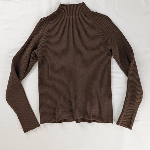 VTG Brown Ribbed Knit Mock Neck 90s Y2k Knit Cotton Sweater - Picture 2 of 5